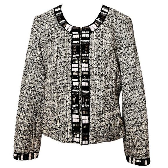 Tweed Career Jacket Blazer Sz PL White Black Gray Trendy Career Capsule Work Fun - Picture 1 of 11